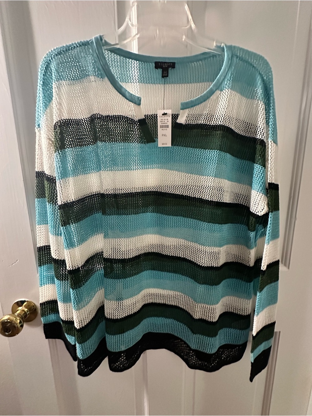 Talbots Striped Open-Knit Scoop Neck Sweater - Aqua, White & Dark Green